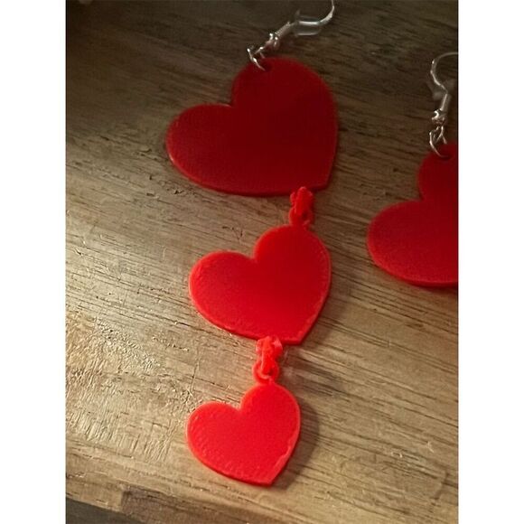 Handmade Red Heart Dangle Earrings 3-D printed on 925 sterling silver hooks - Picture 4 of 4